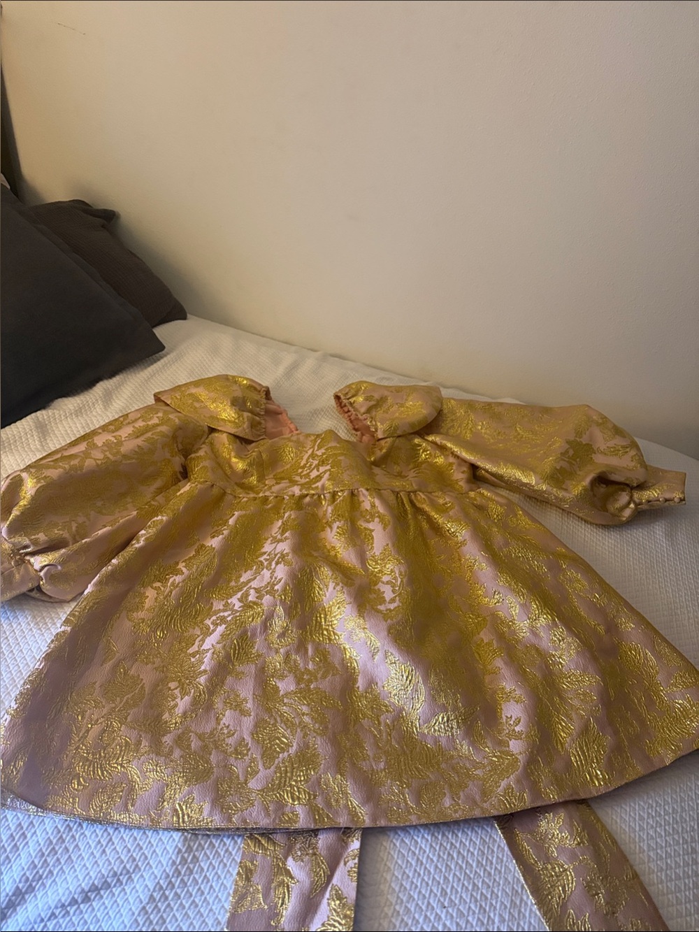 Plus Size Pink & Gold Puff-Sleeve BabyDoll Dress with Bow in back